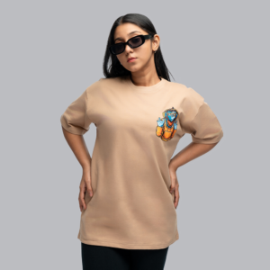 Unisex Beige Oversized Printed T-Shirt